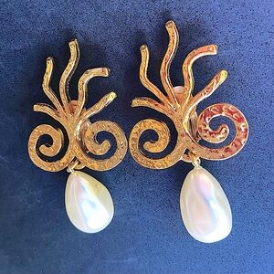 Edouard Rambaud Vintage 80's Large Faux Pearl Drop Clip Earrings